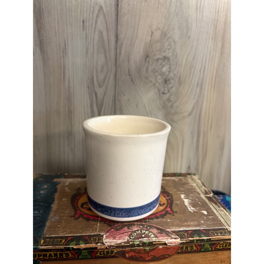 McCoy USA 1852 Speckled Stoneware Crock Blue Band Toothpick Holder Vintage